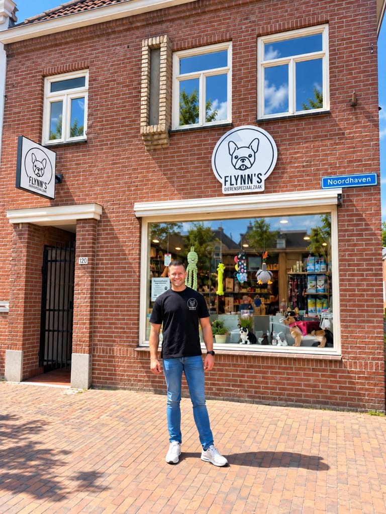 De eigenaar van Flynn’s staat voor de winkel aan de Noordhaven, met het logo boven de etalage.