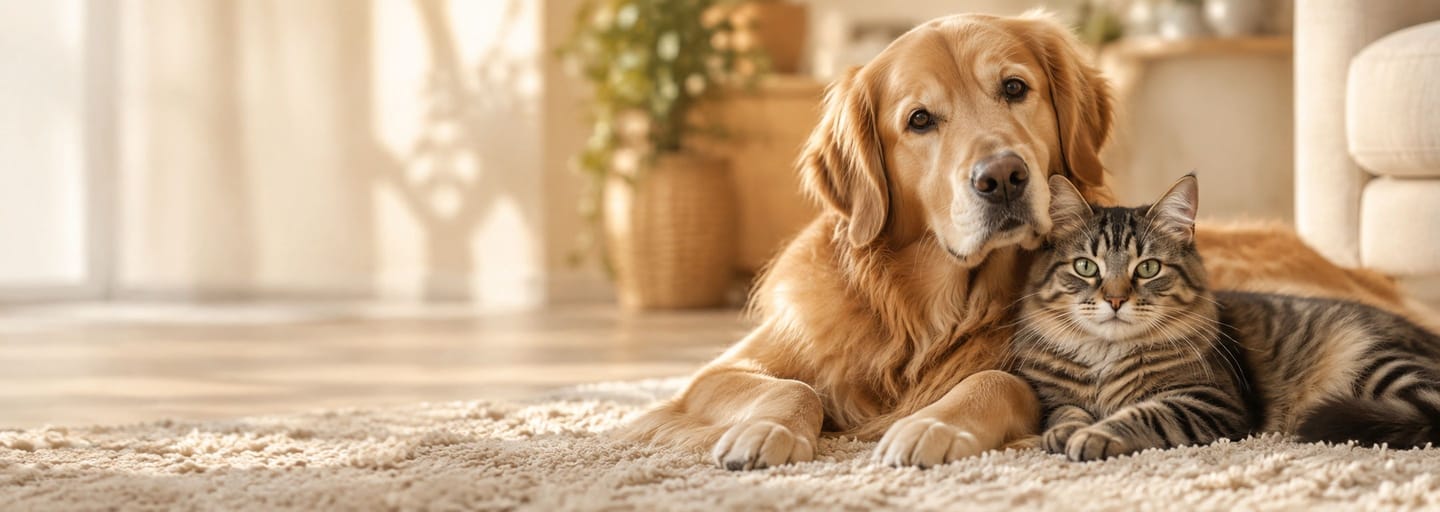 Een golden retriever en een gestreepte kat liggen dicht tegen elkaar aan op een zacht vloerkleed.